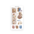 Film strip stickers of a card catalog, roses and bookshelves, a cat in a reading chair, a desk lamp and paint swatches