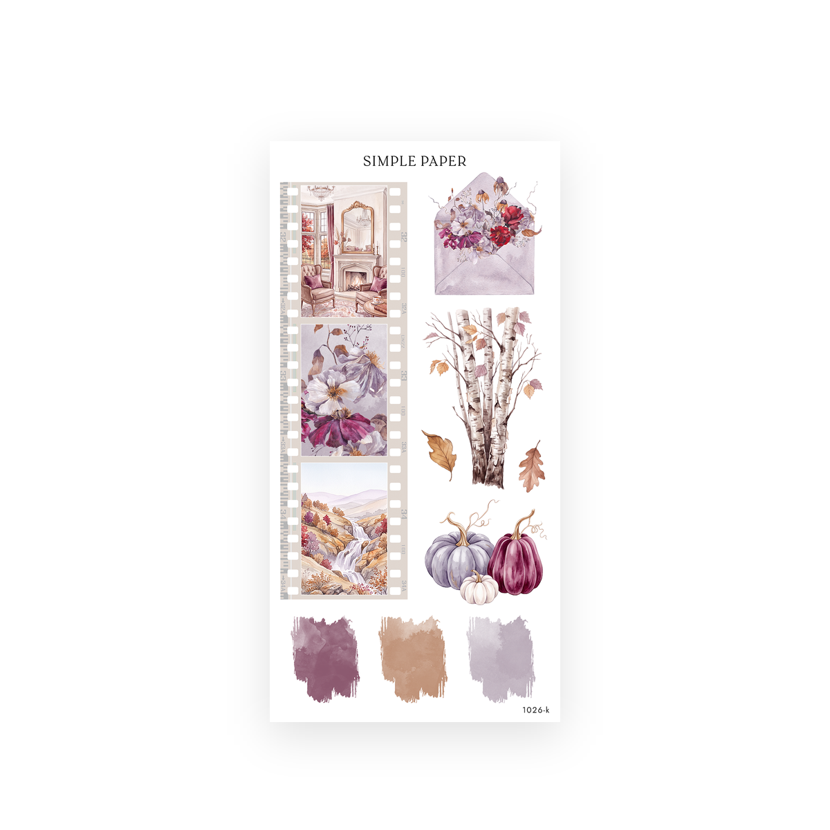 Pretty Season Sheet K sticker sheet: film strip of watercolor interiors, birch trees, pumpkins and paint swatches