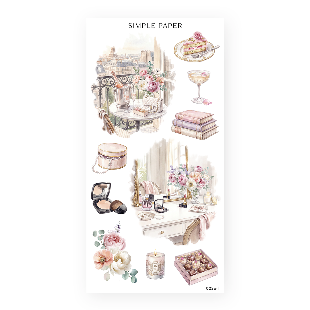 Romanticize Life Sheet L sticker sheet: a city balcony with champagne, plus a vanity table and macarons