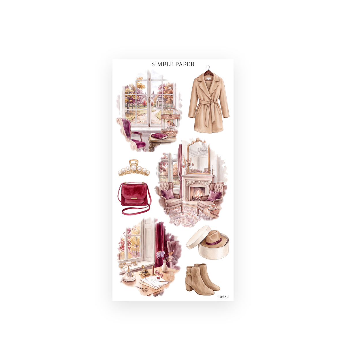 Pretty Season Sheet L sticker sheet: watercolor trench coat, red handbag, fireplace parlour, hat box and ankle boots