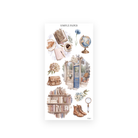Watercolor bookshop front with a blue door, a globe, croissant and coffee, a leather satchel, lace-up boots and hydrangeas
