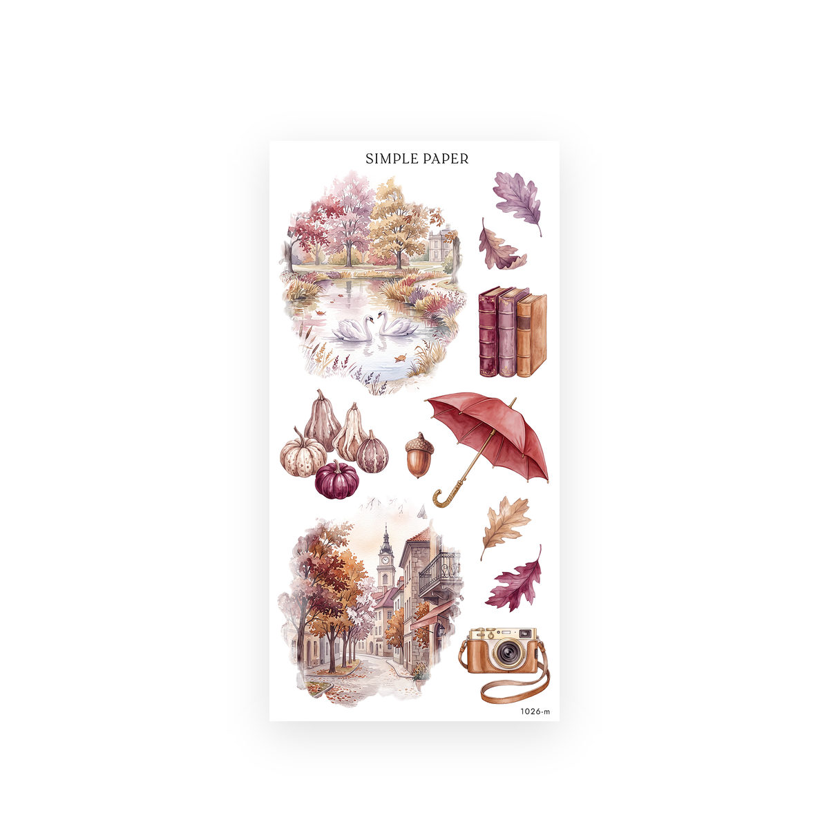 Pretty Season Sheet M sticker sheet: swans on a park lake, gourds, a red umbrella, acorn, books and a vintage camera