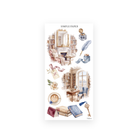 Watercolor library rooms with a fireplace and reading chairs, an inkwell and quill, a latte, a brass key and books
