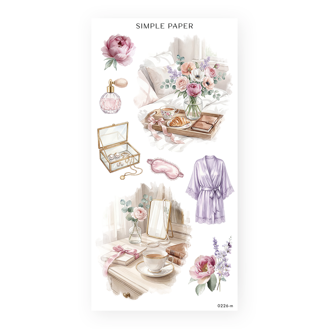 Romanticize Life Sheet M sticker sheet: a breakfast tray, silk robe, sleep mask and a cozy vanity nook