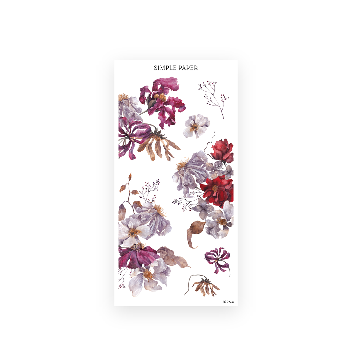 Pretty Season Sheet N sticker sheet: large watercolor plum irises, white cosmos, a deep red rose and dried blooms