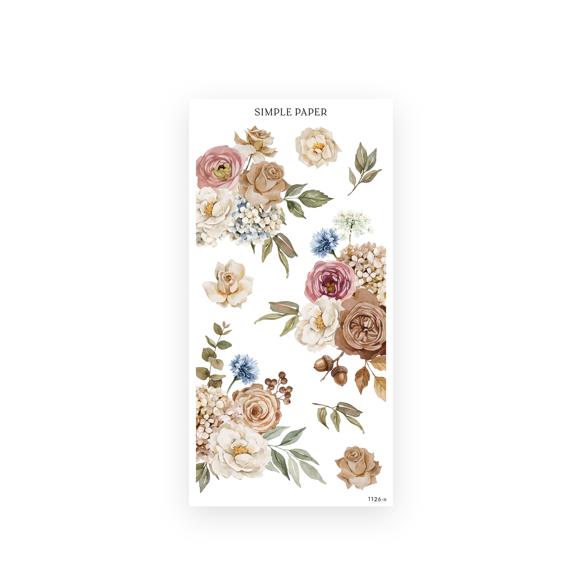 Large watercolor roses, hydrangeas, blue cornflowers, acorns and berries in dusty pink, cream and cocoa
