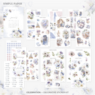 Celebration decorative sticker kit featuring pastel florals, festive balloons, and cozy party elements in soft blues and purples—ideal for planners or journals.