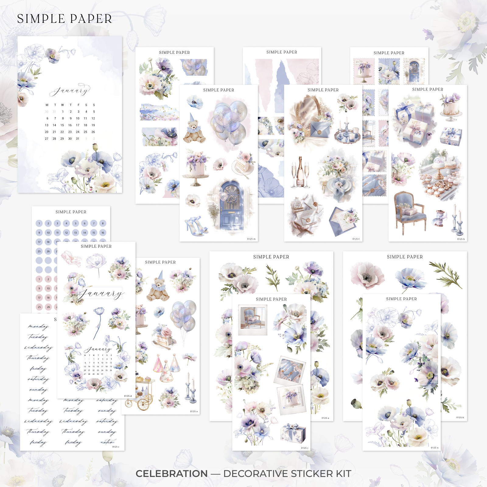 Celebration decorative sticker kit featuring pastel florals, festive balloons, and cozy party elements in soft blues and purples—ideal for planners or journals.