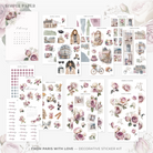 From Paris with Love decorative sticker kit featuring romantic Parisian motifs, rose florals, and vintage architecture in soft pink and mauve tones—perfect for journaling or planners.