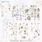 Garden Stories full kit collage—14 floral & ephemera sticker sheets plus velvet May calendar card on soft botanical backdrop.