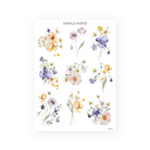 Watercolor sticker sheet of pastel cosmos, daisies, lilies and bellflower bouquets on white background.