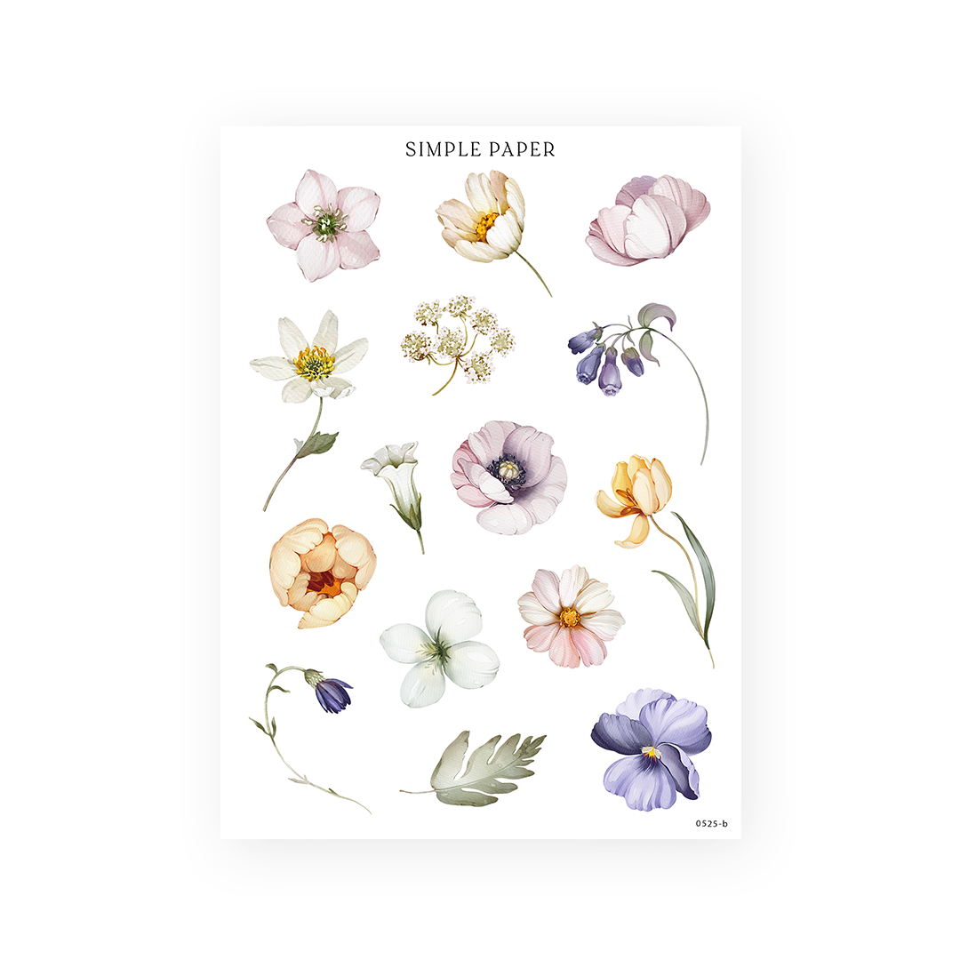 Watercolor sticker sheet of individual florals—hellebores, daisies, ranunculus, pansies, bellflowers and leaves on white background.