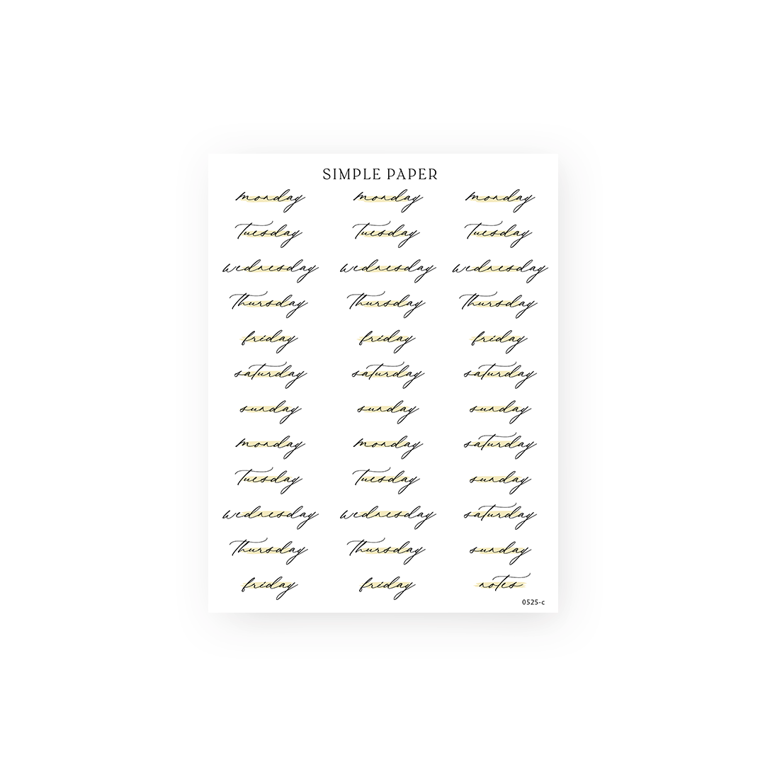 Script sticker sheet with black calligraphy weekday words and subtle gold brush underlines on white background.