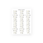 Script sticker sheet with black calligraphy weekday words and subtle gold brush underlines on white background.