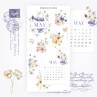 Sticker sheet with floral May calendar, purple pansies, blush cosmos, and yellow ranunculus bouquets.