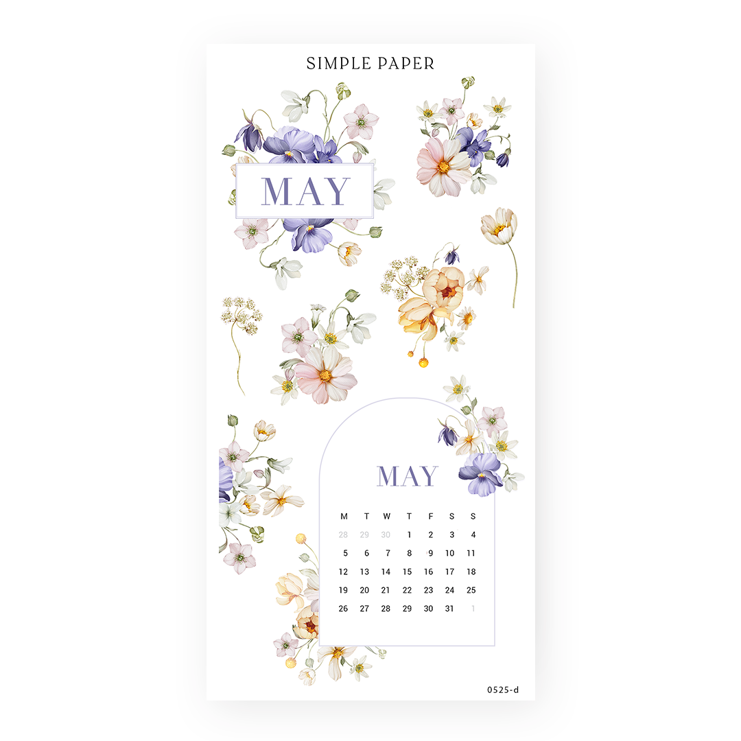 Sticker sheet with floral May calendar, purple pansies, blush cosmos, and yellow ranunculus bouquets.