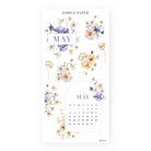 Sticker sheet with floral May calendar, purple pansies, blush cosmos, and yellow ranunculus bouquets.