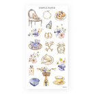 Sticker sheet of vintage chair, heels, pearl bracelet, pastries, butterfly, bicycle with flowers, gold keys, clock, tea cup, florals.