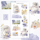 Sticker sheet with marble busts, purple floral scraps, greenhouse, vintage stamps, daisies, pansies and wisteria collage elements.