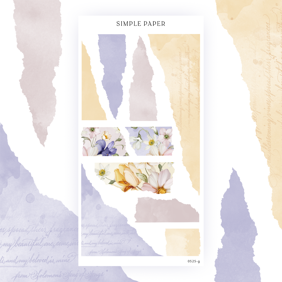 Sticker sheet of pastel torn‑paper scraps, handwritten script, and floral strips for vintage layering in planners.