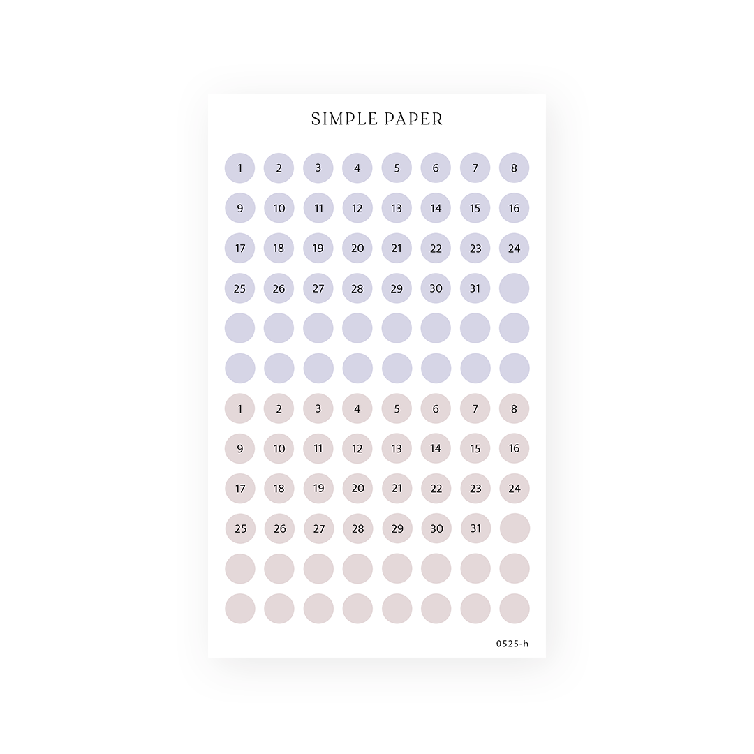 Sticker sheet with numbered date dots 1–31 in pastel lavender and blush circles for planners and journals.