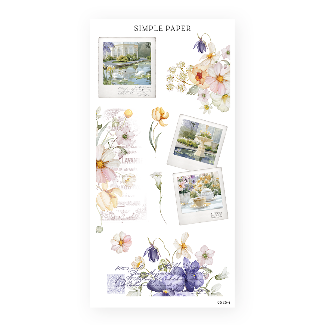 Sticker sheet of Polaroid garden photos, swans, fountain, tea scene, pastel florals, vintage script and postage accents.