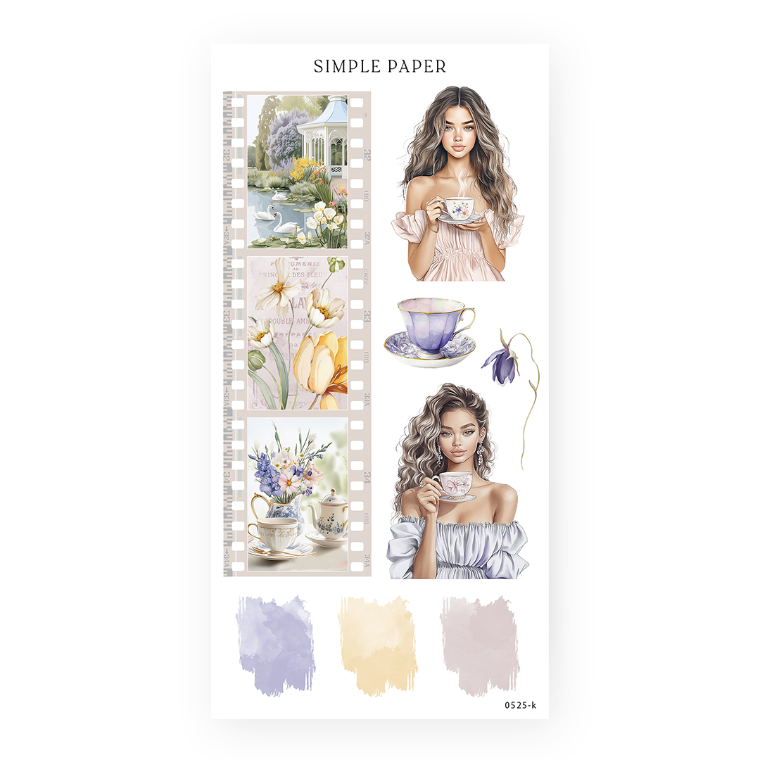 Sticker sheet with film strip garden photos, women sipping tea, teacup, tulip florals, and pastel paint swatches.