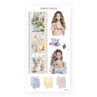 Sticker sheet with film strip garden photos, women sipping tea, teacup, tulip florals, and pastel paint swatches.