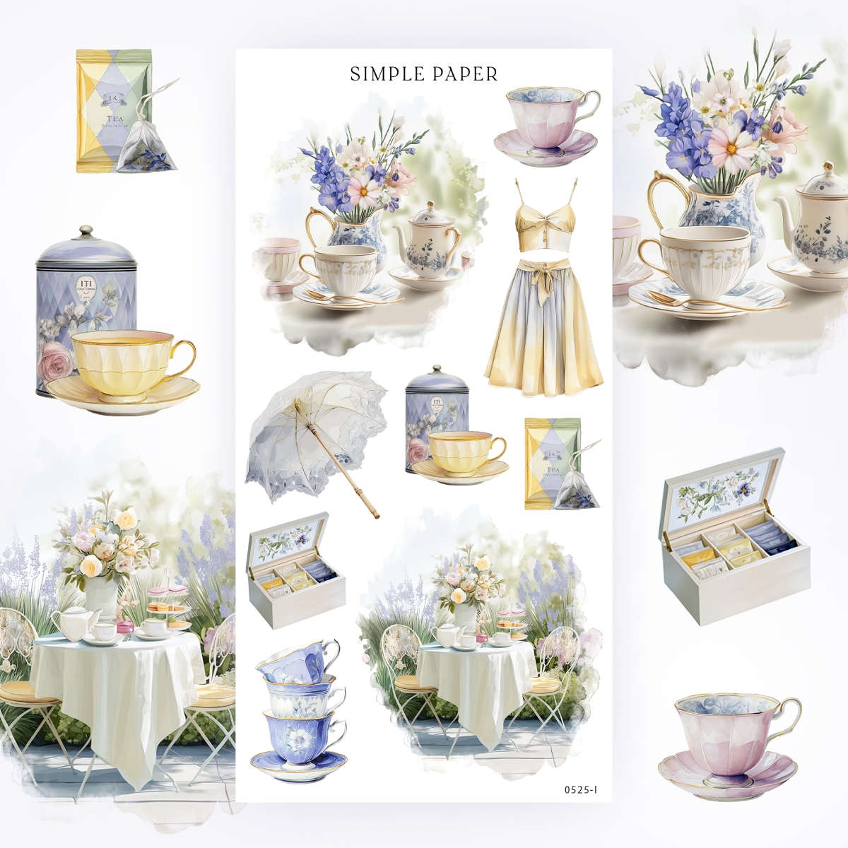 Sticker sheet of garden tea scenes—stacked teacups, parasol, floral patio table, dress, tea tins and bouquet.