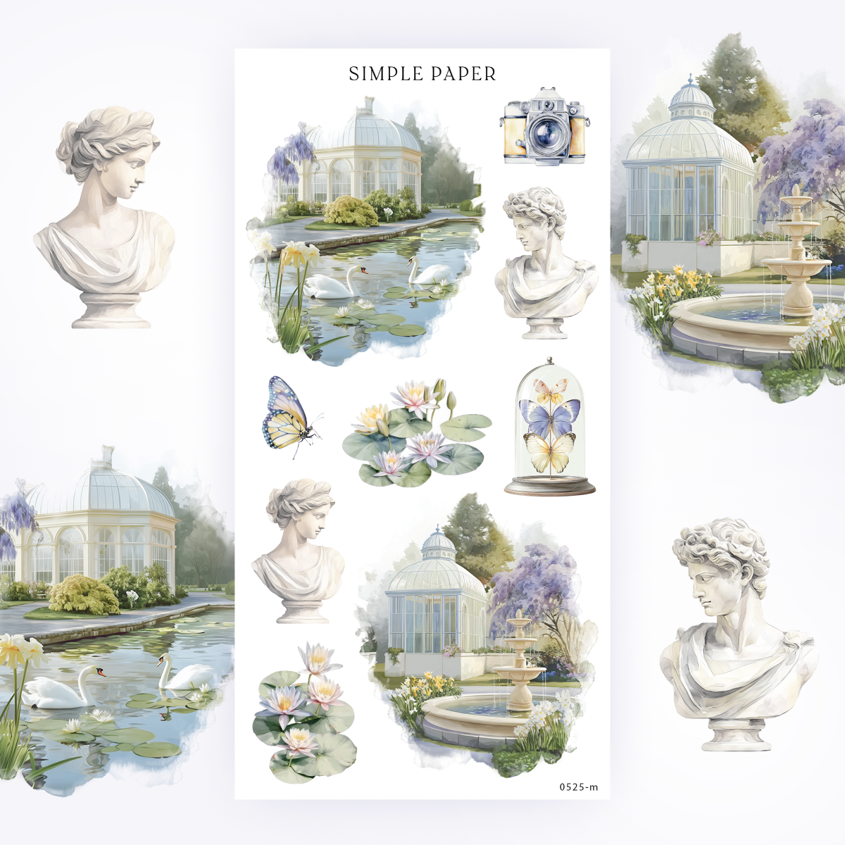 Sticker sheet with greenhouse scenes, swans on lily pond, fountain, marble busts, camera and butterflies in glass dome.