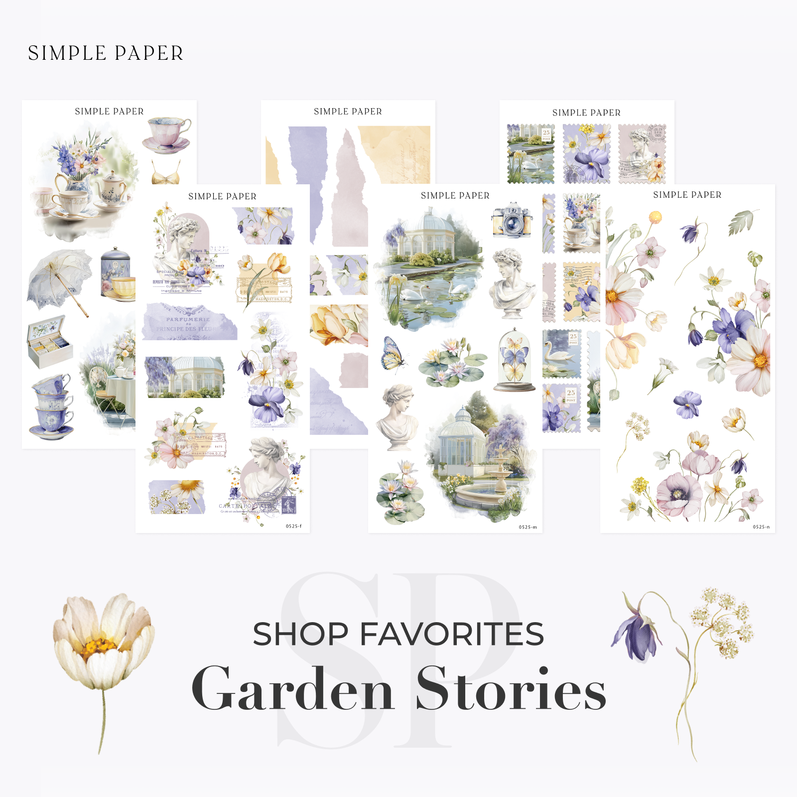 Shop Favorites Garden Stories bundle—collage of six floral and vintage ephemera sticker sheets arranged in one feature image.