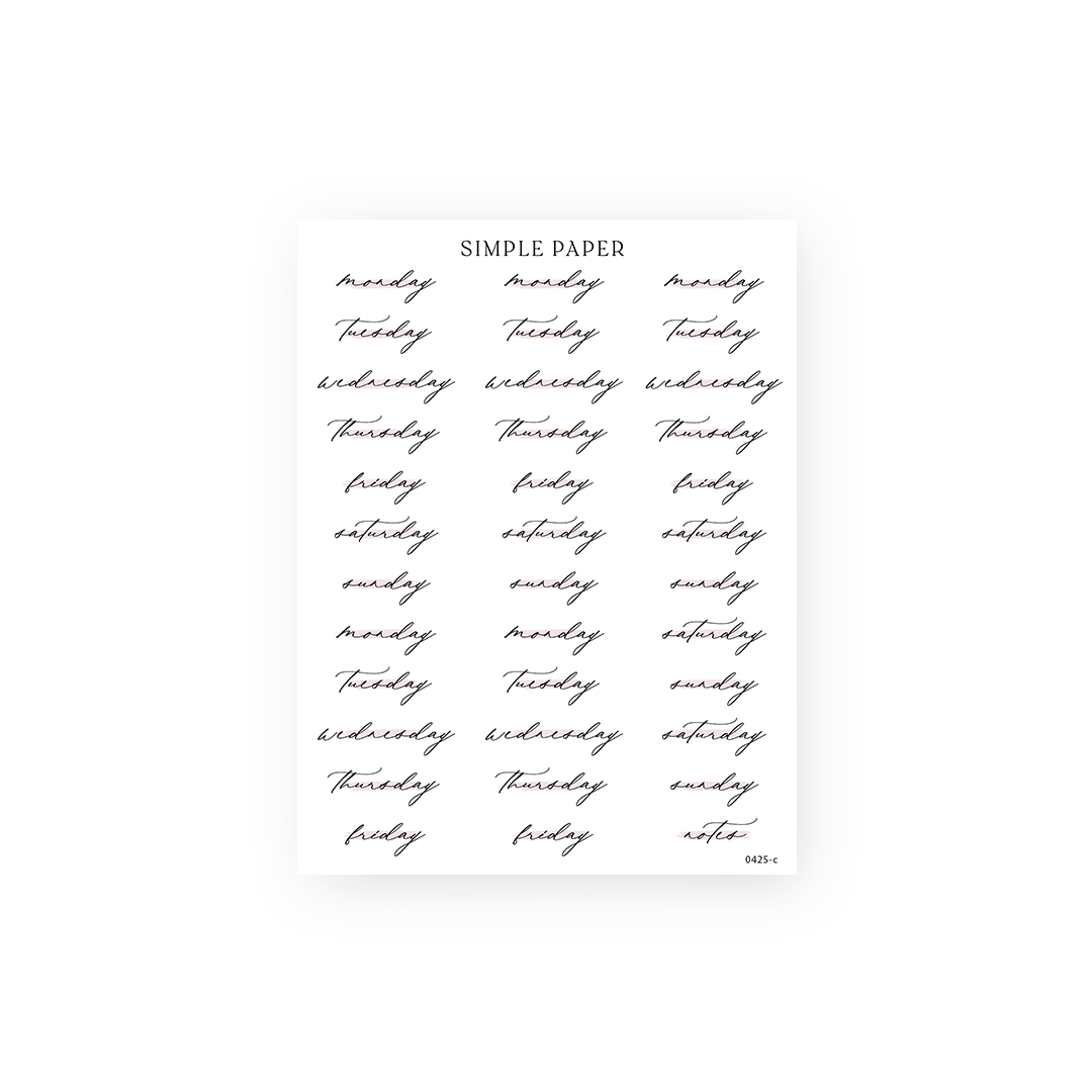 Minimalist days-of-the-week planner stickers in script – Simple Paper Tulip Memoirs Sheet C