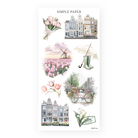 Decorative sticker sheet with Dutch houses, tulip fields, windmill, bike with flowers, umbrella and boots – Tulip Memoirs Sheet M by Simple Paper.