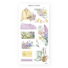 Watercolor spring stickers with daffodils, tulips, lilacs, baby chicks, garden boots, watering can, and vintage postcards