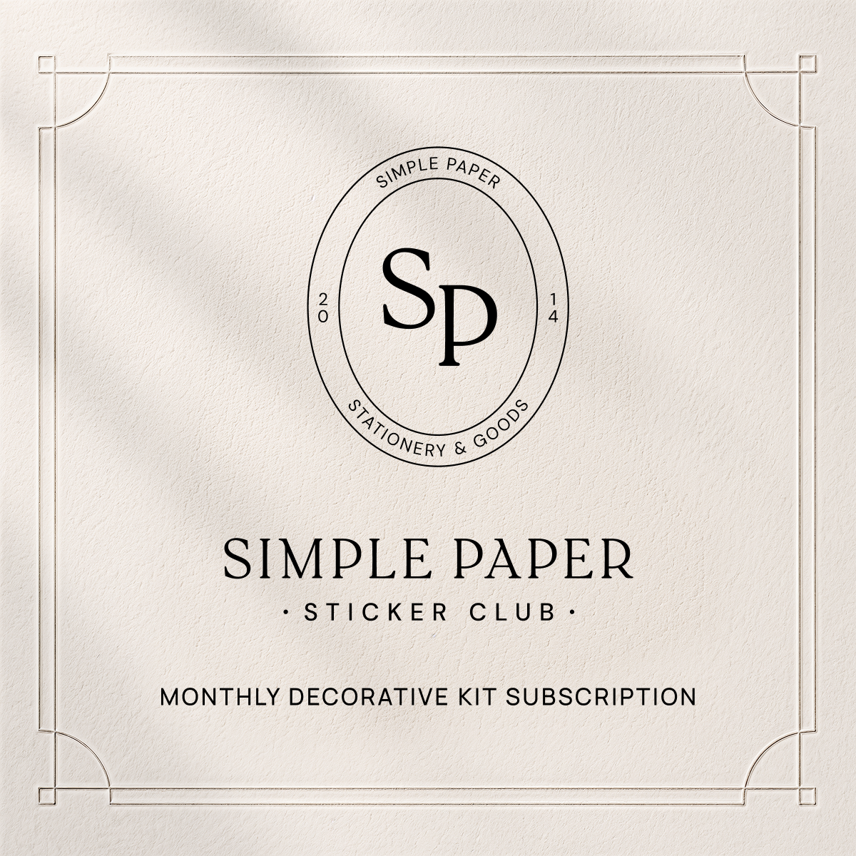 Simple Paper stationery logo on a textured paper background with text about a sticker club subscription.