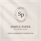 Simple Paper stationery logo on a textured paper background with text about a sticker club subscription.