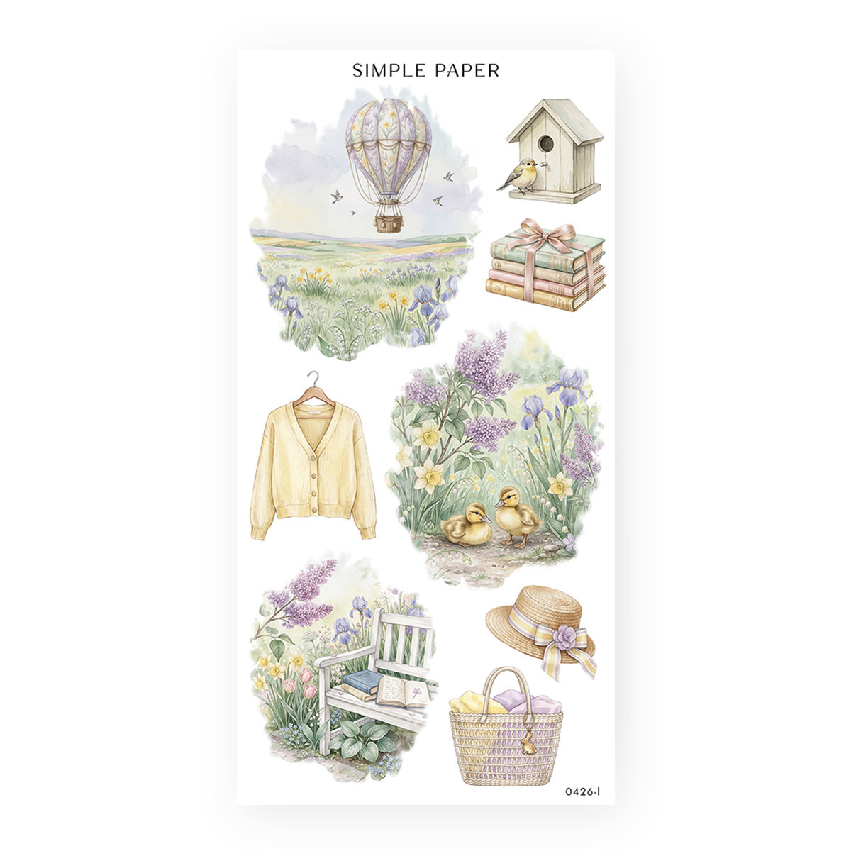 Watercolor spring stickers with a hot air balloon over an iris meadow, ducklings in lilacs, a garden bench, cardigan, and straw hat