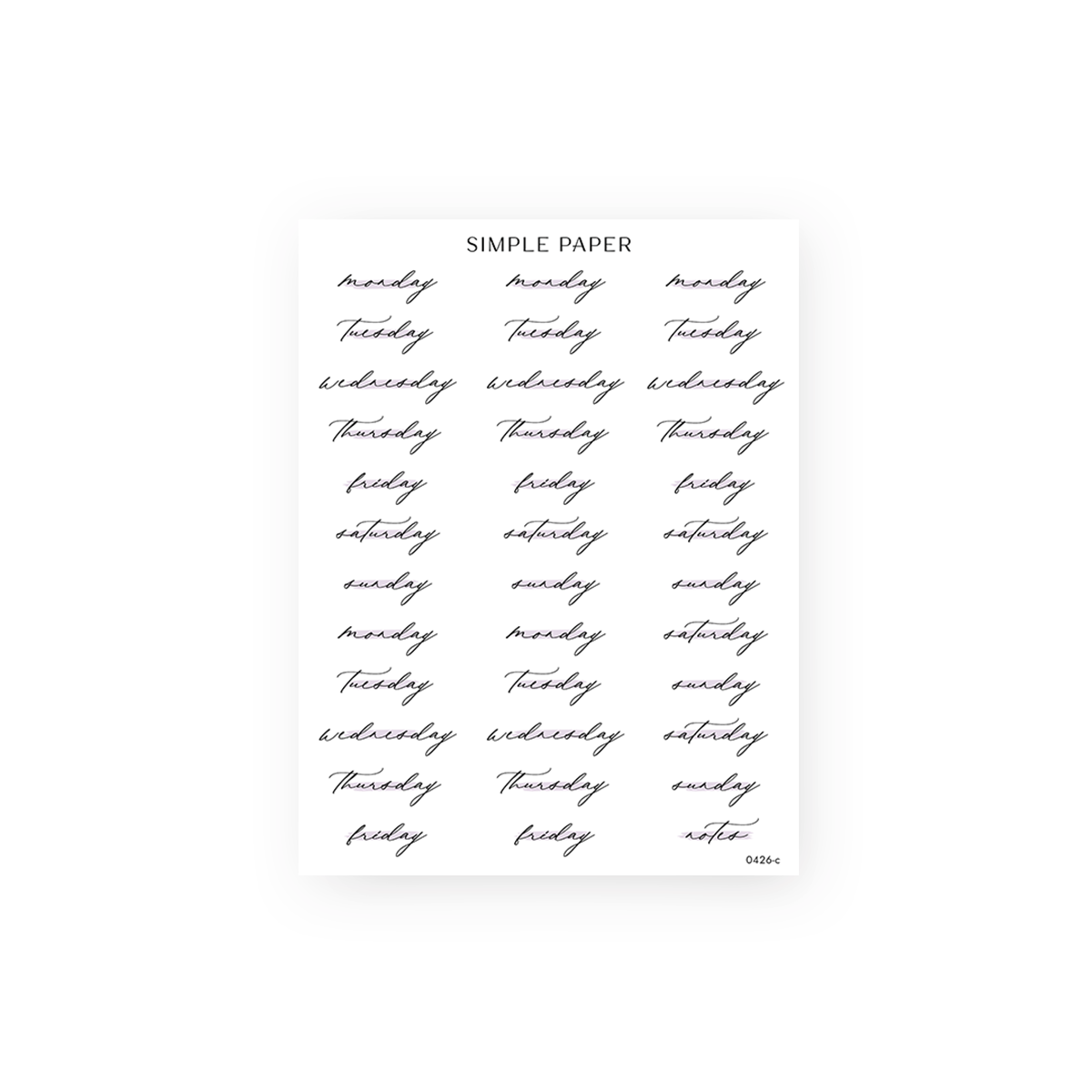 Script weekday planner sticker labels in flowing calligraphy with soft lavender accents, Monday through Sunday plus notes