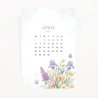 April 2026 calendar journaling card with watercolor irises, pink tulips, lilac, cream daffodils, and soft butterflies