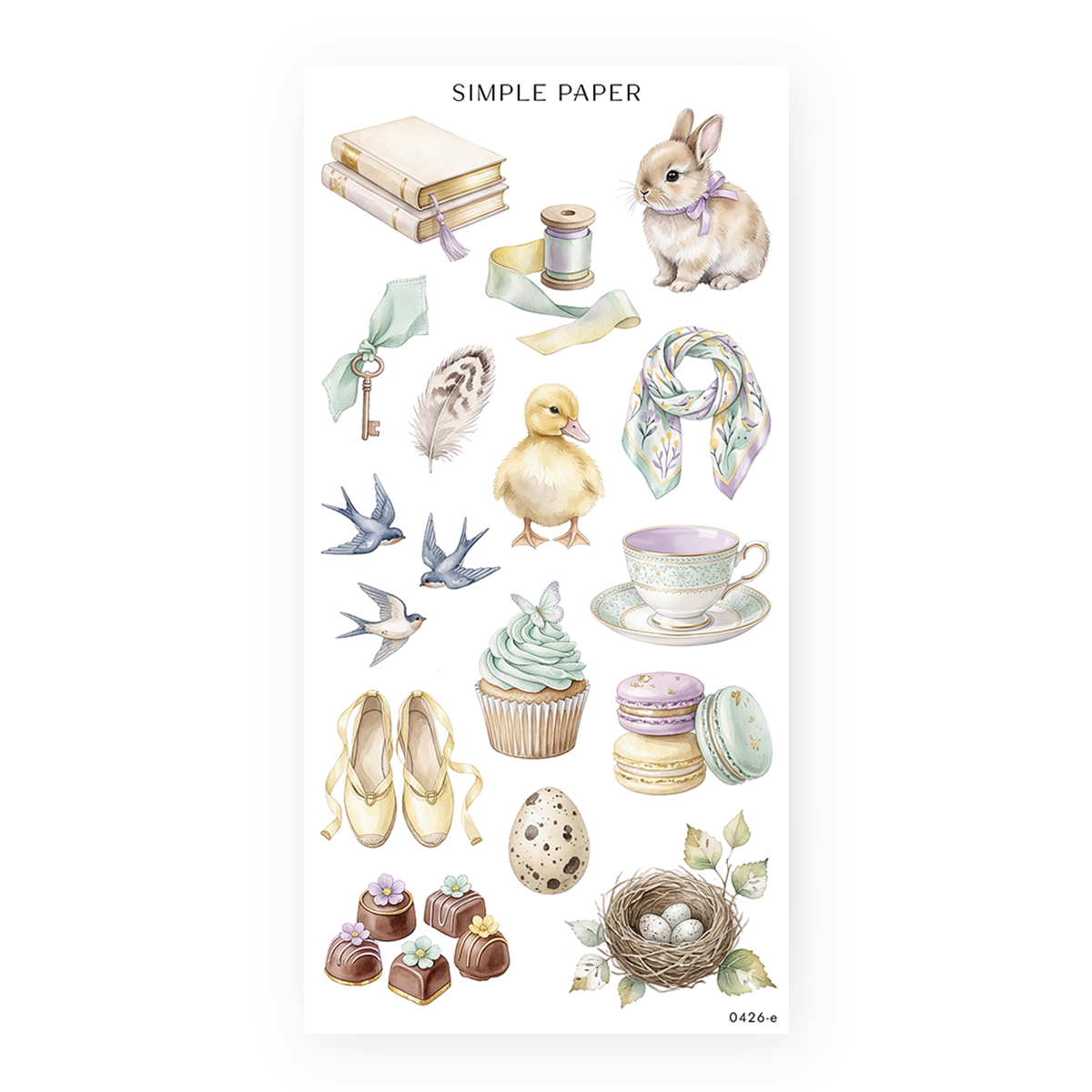 Watercolor sticker sheet with pastel spring motifs including a bunny, yellow duckling, blue swallows, vintage teacup, mint cupcake, ballet slippers, macarons, and a bird nest