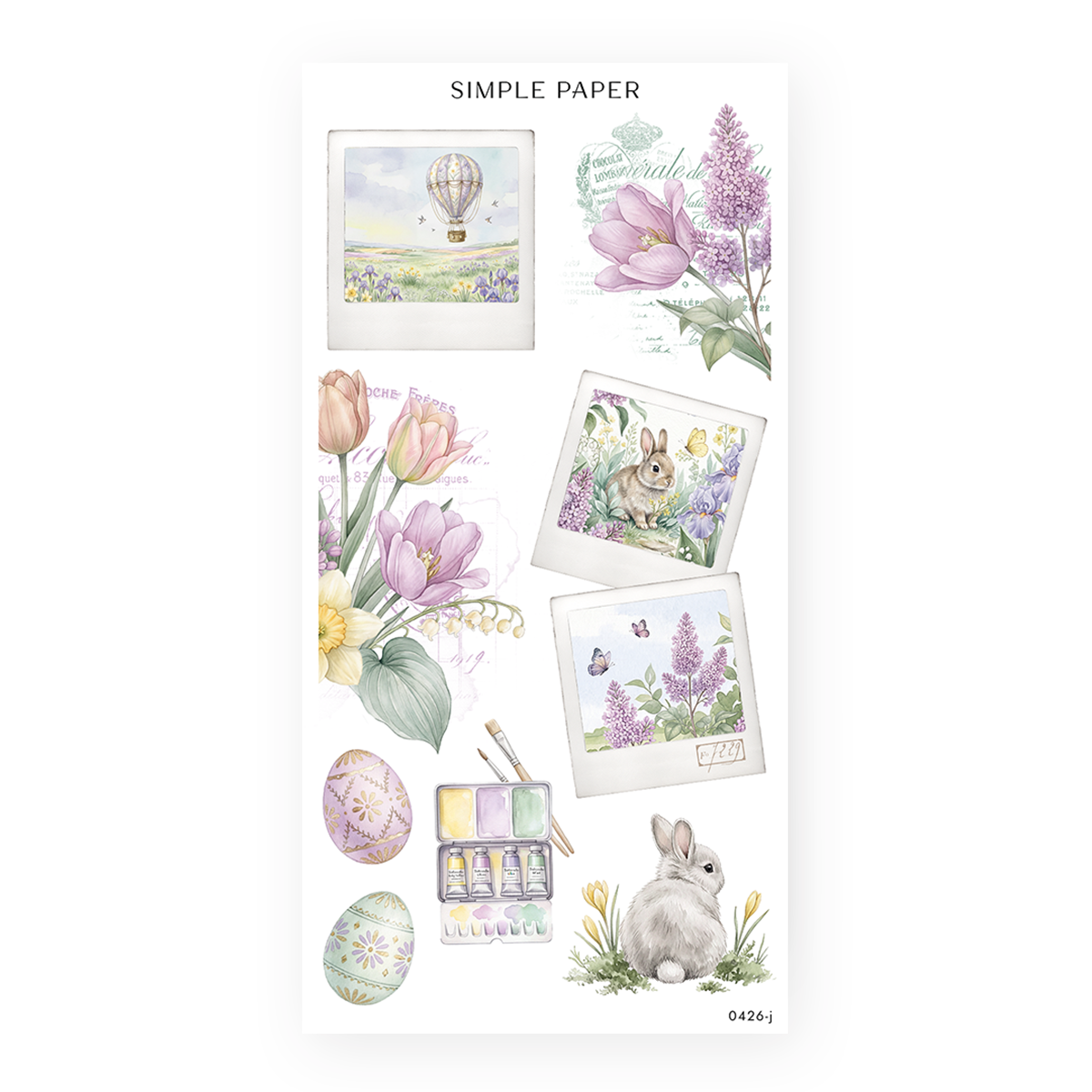 Watercolor spring sticker sheet with lilacs, tulips, Easter eggs, gray bunny, hot air balloon polaroid, and paint palette