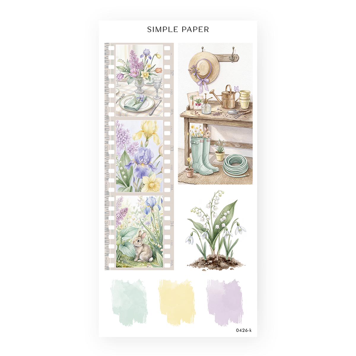 Soft watercolor spring sticker sheet with potting bench, bunny, irises, lilacs, snowdrops, rain boots, and pastel swatches