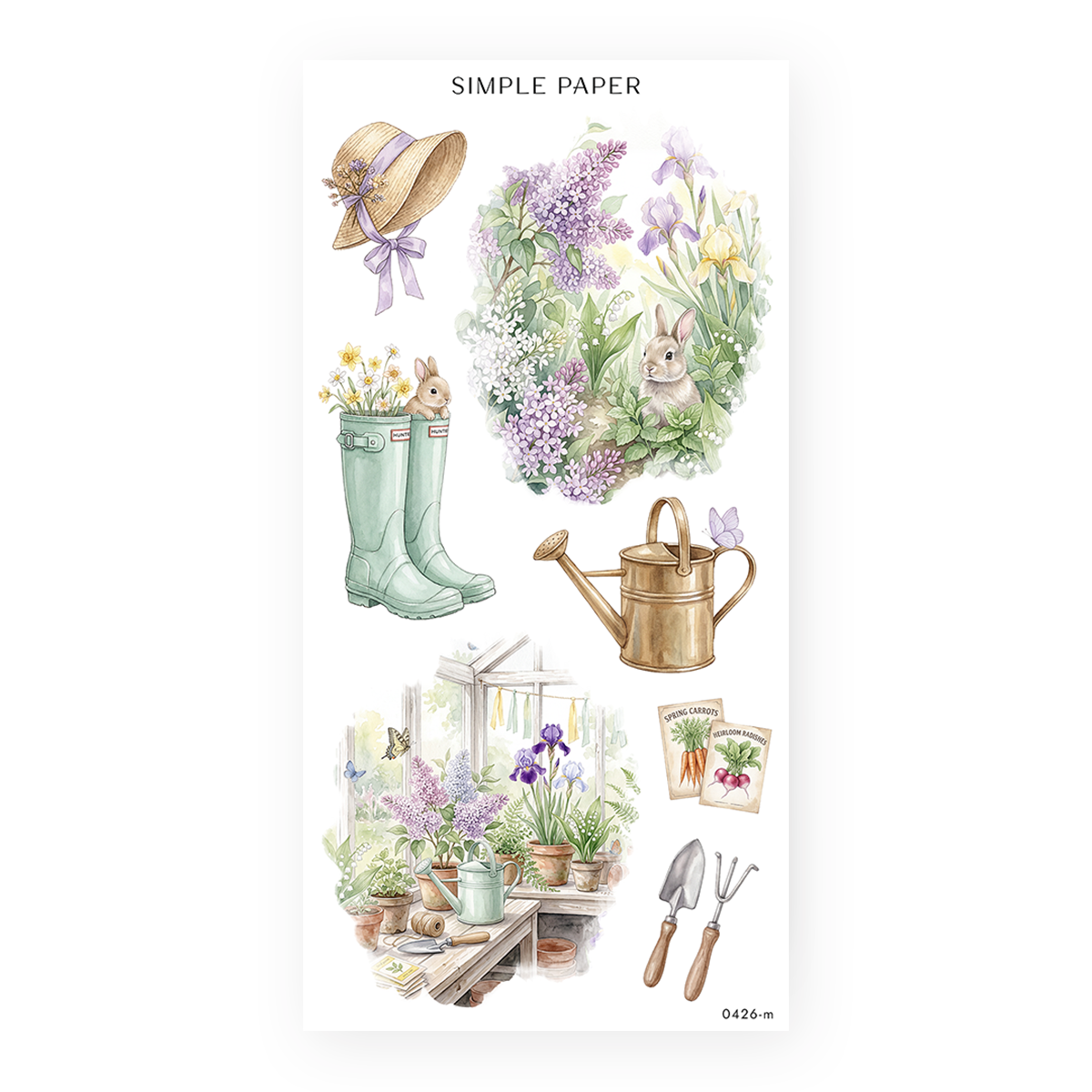 Watercolor spring garden stickers with lilacs, irises, sage rain boots, brass watering can, potting shed, bunny, and seed packets