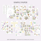 Spring watercolor sticker kit with lilacs, tulips, irises, bunny, duckling, garden boots, watering can, and vintage postcards