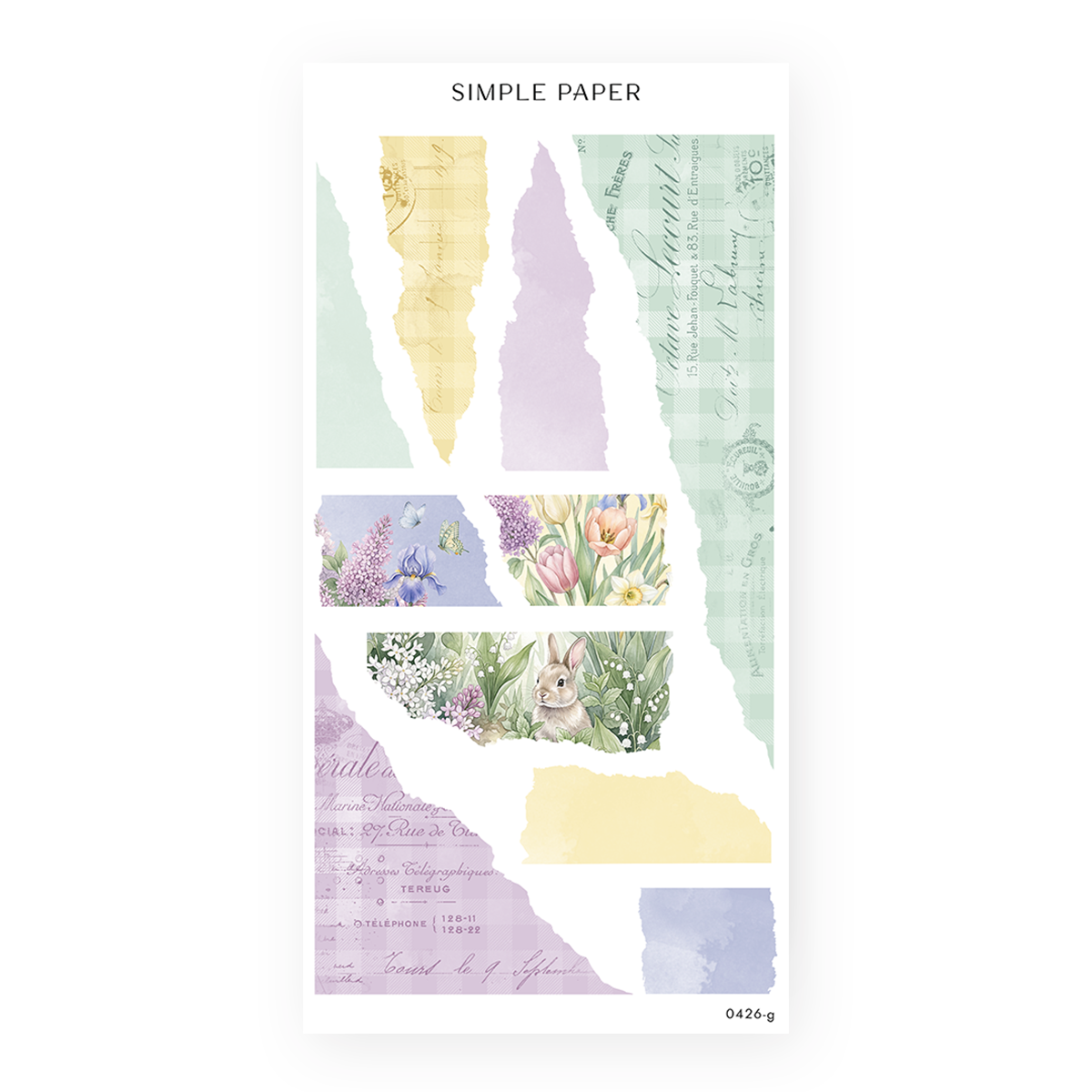 Pastel torn paper strips in sage, lavender, and yellow with watercolor tulips, irises, lilacs, a bunny in lily of the valley, and French postal script