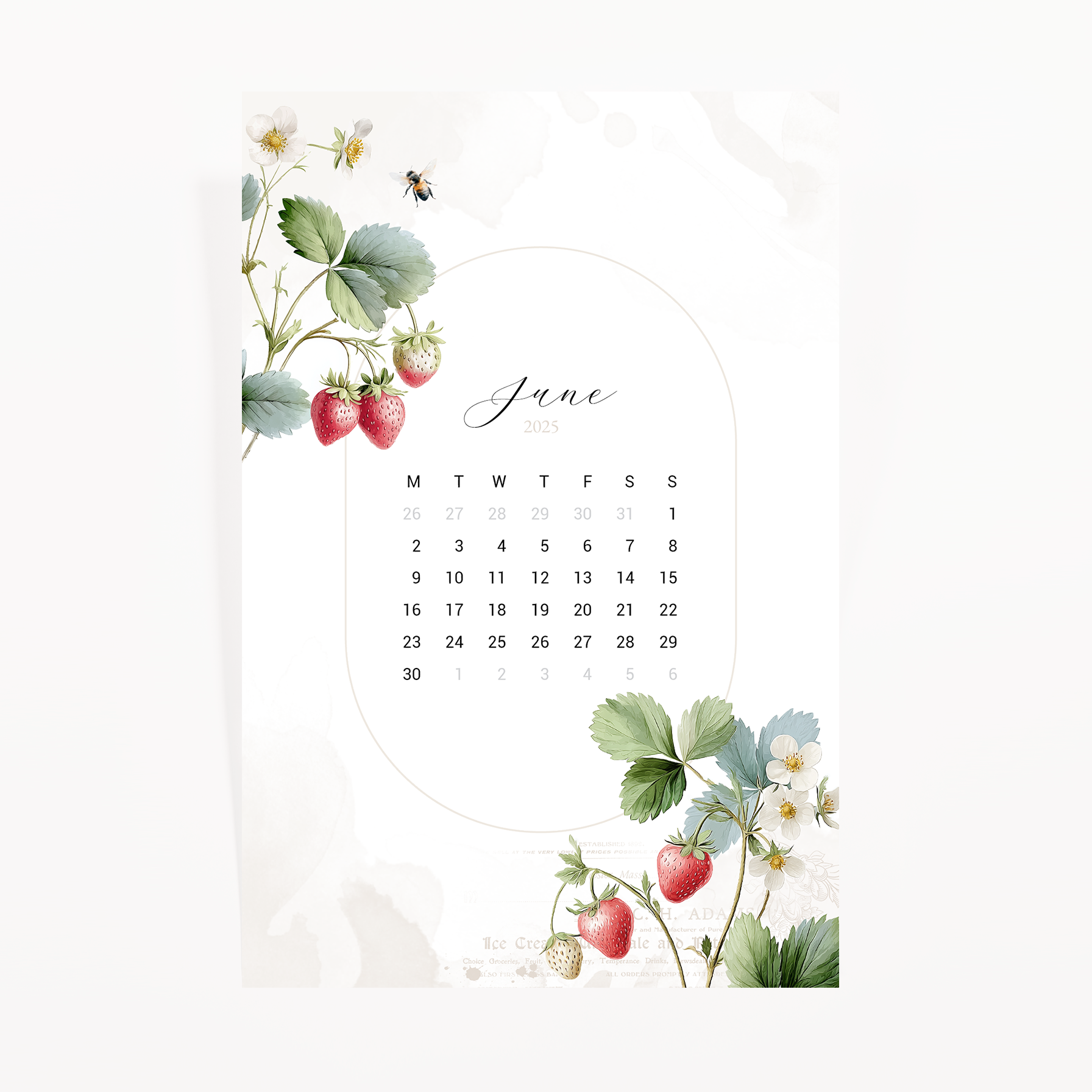 June 2025 calendar journaling card, strawberry and blossom border, premium soft matte cardstock  

