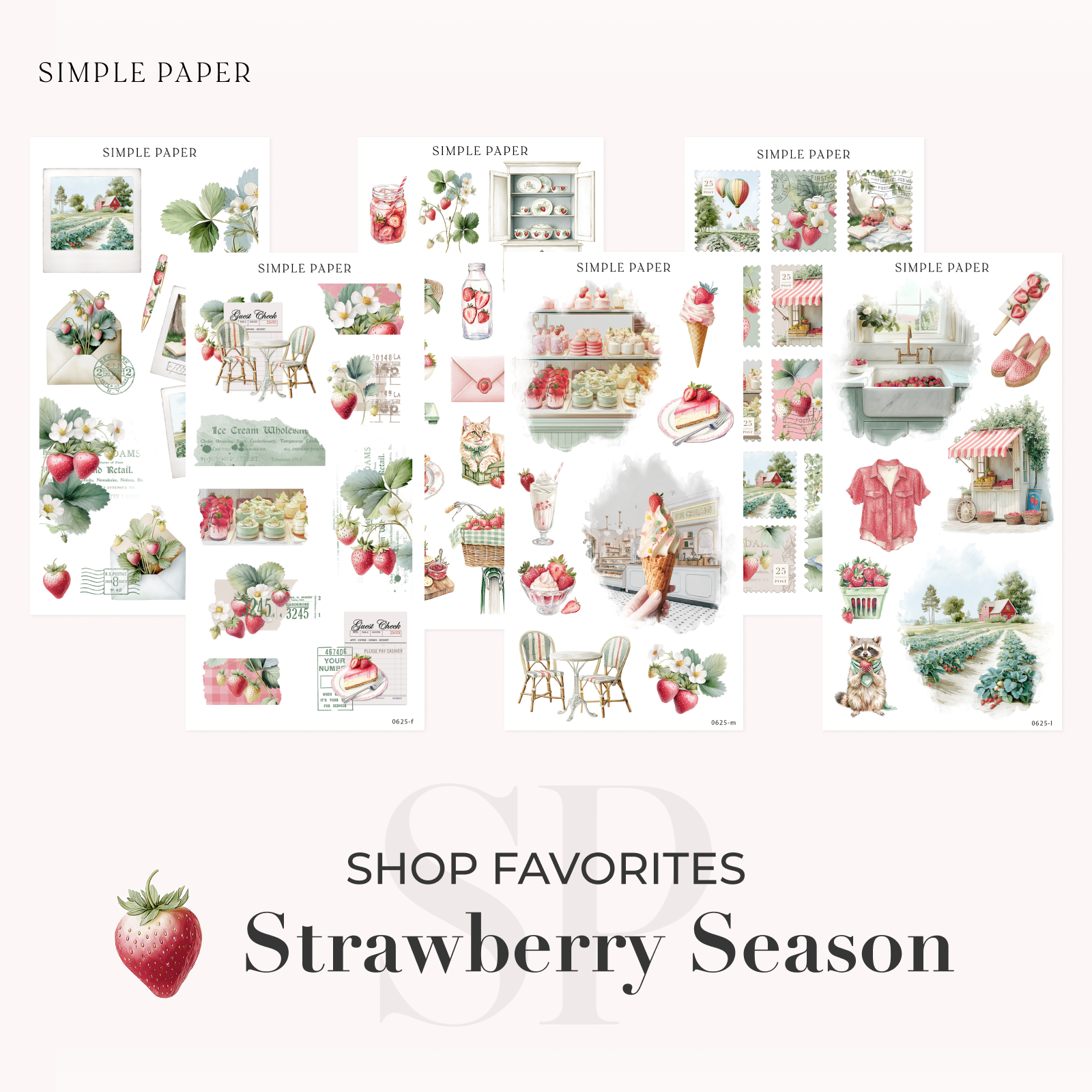 Strawberry Season sticker kit collage — vintage-inspired illustrations of strawberries, café scenes, florals, and summer details arranged in a soft pink background
