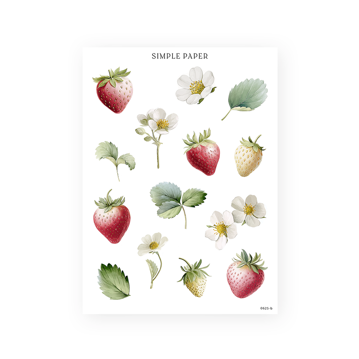 Strawberry plants, white blossoms, and assorted leaves for layering in seasonal layouts and nature-themed journaling.