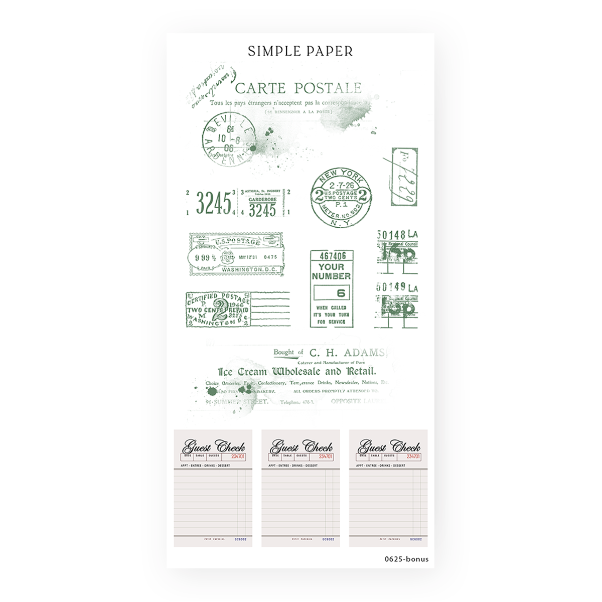 Vintage postage stamps and guest check stickers in green and blush, perfect for layering and collage journaling
