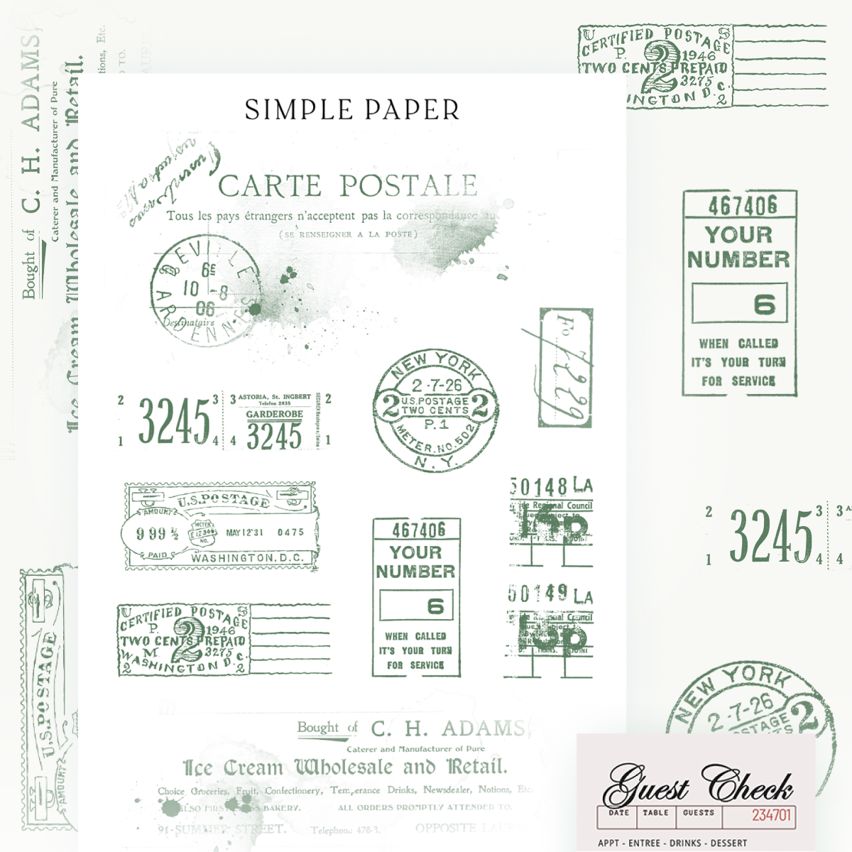 Green postmark labels and ephemera for travel-themed journaling or vintage layering—includes guest checks, postage stamps, and number tokens
